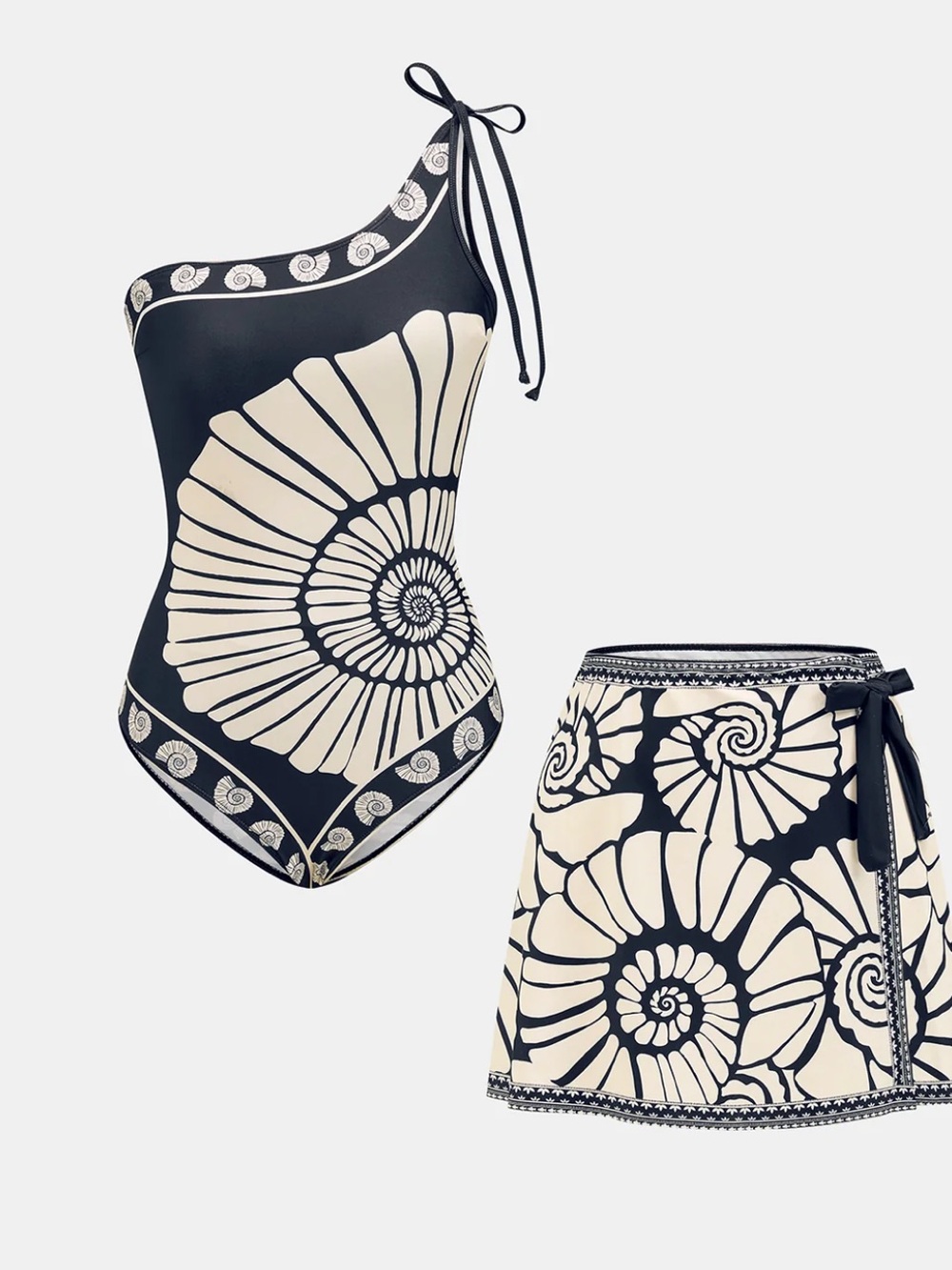 Commense black and Cream Nautilus One-Shoulder Skirted Swim Set